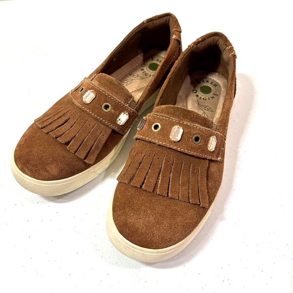 Earth Origins Suede Loafers Mocassins Womens 7.5 Camel Brown Fringe Slip On - Picture 1 of 12